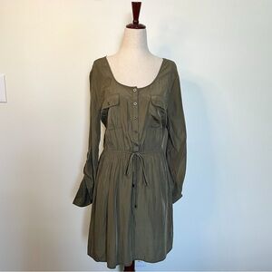 Olive Green Button-Front Drawstring Waist Dress